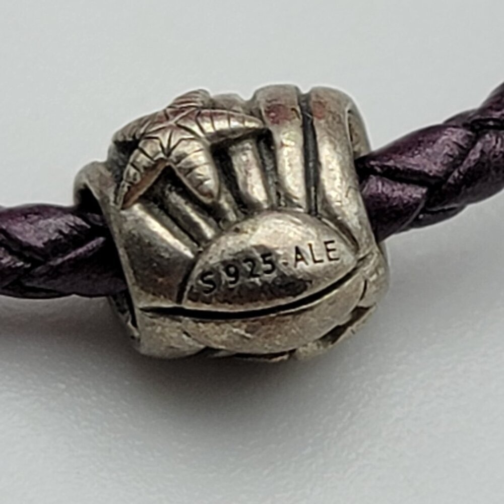 Pandora Brown Woven Leather Bracelet 6" With 3 Sterling Silver Charms All Marked - Picture 8 of 9